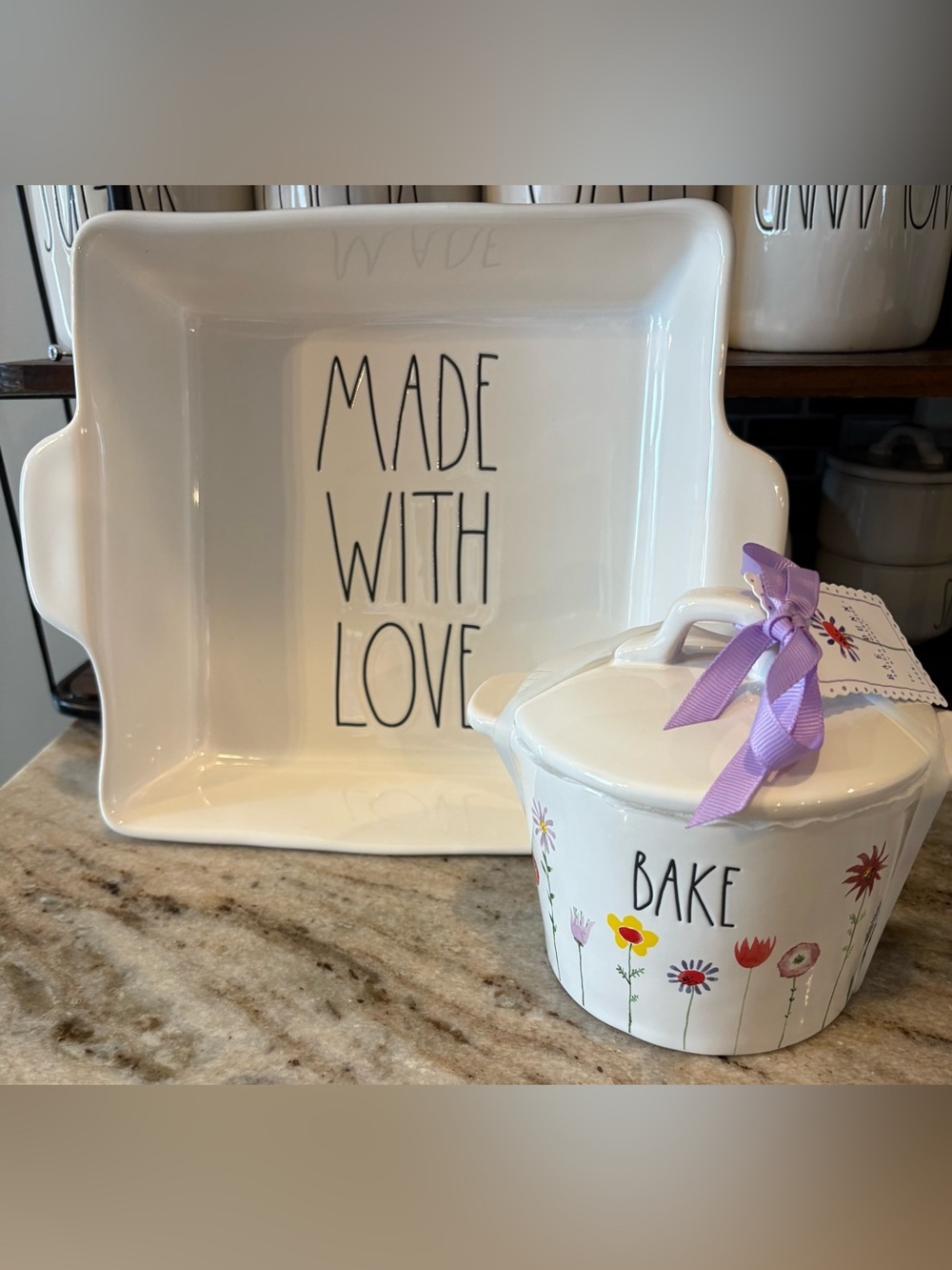 Rae Dunn White Ceramic "Made With Love" Serving Dish with Floral "Bake" Canister
